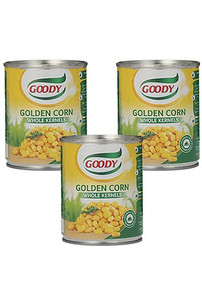 Goody Display of 3 golden corn kernels, small cans from Goody, 150 grams