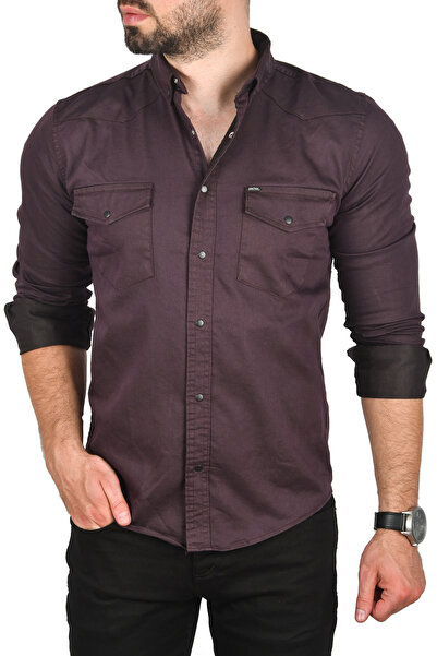 DeepSEA Erkek Mürdüm Slim Fit Pamuklu Çift Cepli Kot Gömlek Çıtçıtlı Uzun Kol...
