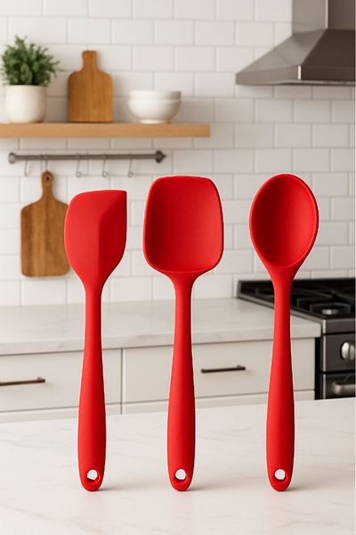 TARIK HOME 3-Piece Silicone Spoon Set, 21 Cm, Hard Tip, Fireproof, Non-Stick, Heat Resistant 3 Color Options