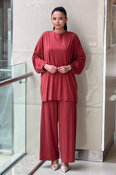 Mahal Crochet Knitwear Rib Detailed Tunic Trousers Set