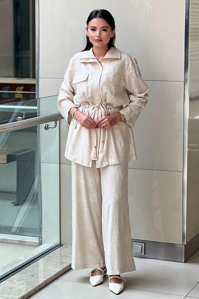 Ghisa Embroidered Patterned Linen Suit with Drawstring Waist and Pockets