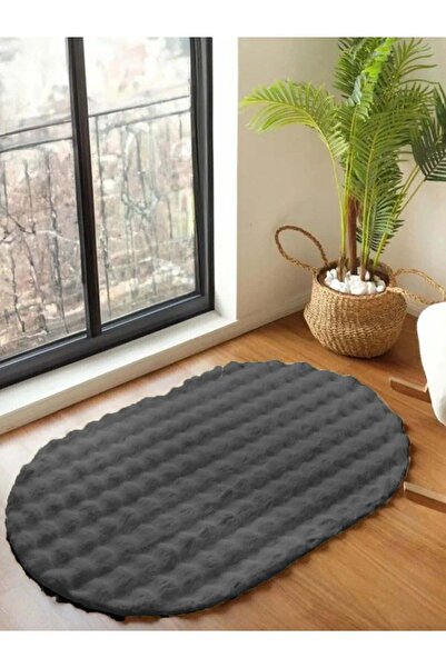 Lagom Life Koyu Gri Yumuşak Oval Bubble Kaymaz Özel Taban Peluş Halı Yolluk