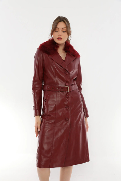 LAKECH LEATHER KADIN YAKASI KÜRKLÜ KEMERLİ TRENÇKOT