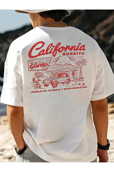 AEMİ تي شيرت برقبة دائرية كبير الحجم مطبوع عليه كاليفورنيا بوريتو للجنسين