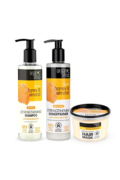 organic shop Honey & Almond Bal ve Badem Yağlı Güçlendirici Organik Şampuan Saç Kremi Maske Saç Bakım Seti