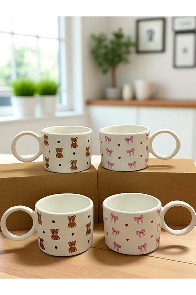 Yumuk Shop 4 Piece Pinterest Set Bear and Bow Model 250 ml Mug Set