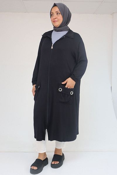 Eslina 53015 Large Size Zippered Combed Cotton Jacket - Dark Navy Blue