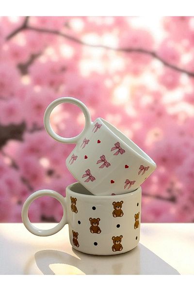 Yumuk Shop 250 ml Mug Set with Bow and Teddy Bear Pattern for 2 People