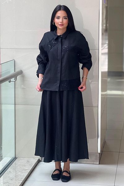 Ghisa Guipure Detailed Shirt Skirt Suit with Hidden Buttons