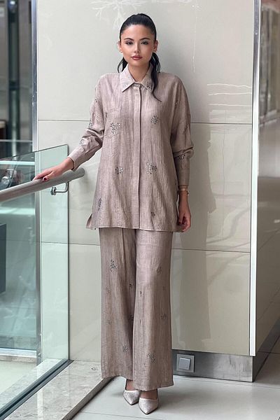 Mahal Crochet Knitwear Crispy Pattern Stone Printed Shirt Trousers Set