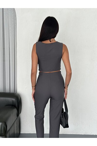 WellWay Bell Fabric Button Detailed Vest & Trousers Two-Piece Set-Grey-1059