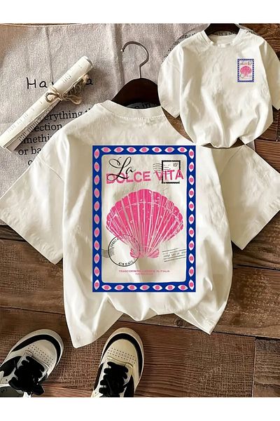 AEMİ Unisex La Dolce Vita μπλουζάκι με στάμπα με κοχύλι μεγάλου μεγέθους