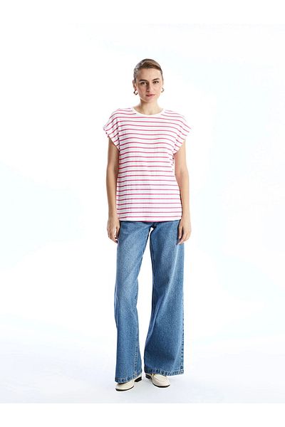 LC Waikiki Lcwaikiki Classic Pink Crew Neck Striped Women's T-Shirt