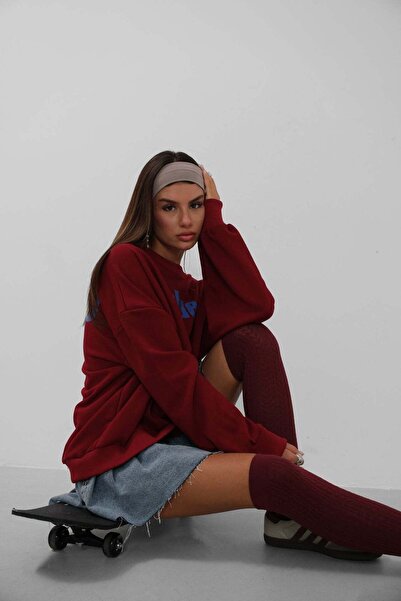Maxi modena Printed O-Neck Oversize Claret Red Sweatshirt
