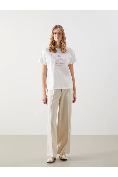LC Waikiki Lcw Vision Ecru Crew Neck Printed Women's T-Shirt