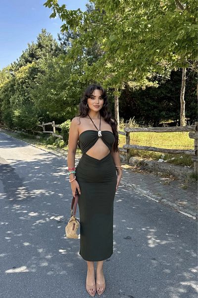 MOZENA Accessories Detailed Back Tie Low-Cut Slit Maxi Dress