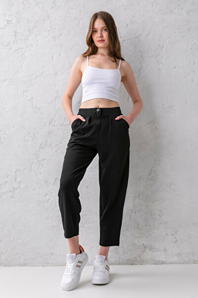 CNRCollection Kadın Siyah Yüksek Bel Çift Düğmeli Tarz Havuç Model Bilek Boy Krep Kumaş Pantolon