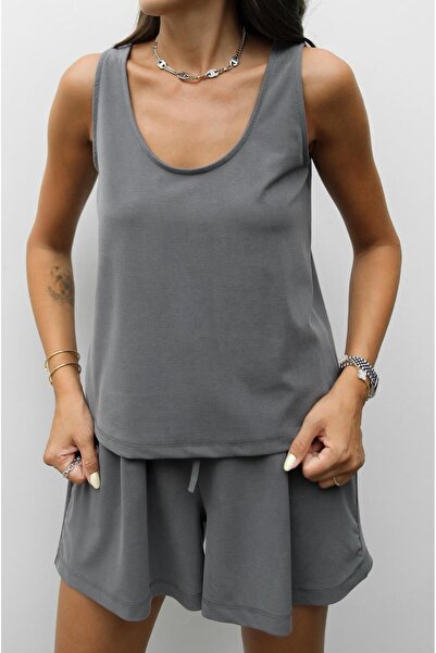 Havoş Gray Strap Blouse Shorts Modal Set