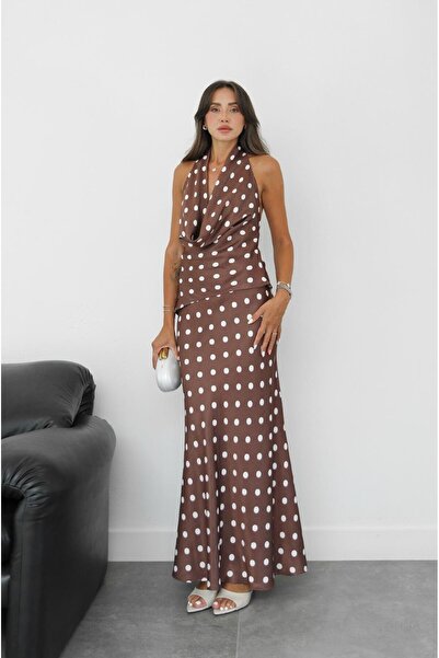 Havoş Brown Polka Dot Satin Degaje Collar Blouse Skirt Suit