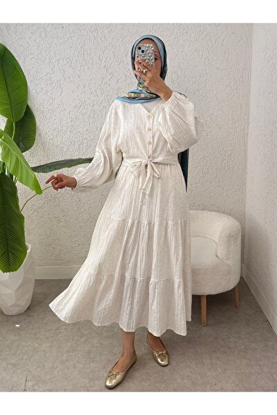 Modamorfo Lace-Up Bat Sleeve Buttoned Blouse Skirt Linen Suit -Beige