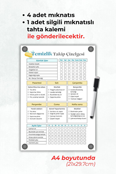 Metranya Ev İçin Temizlik Takip Çizelgesi, Günlük Temizlik Planlayıcısı, Buzdolabı Mıknatıslı Magnetli Notluk