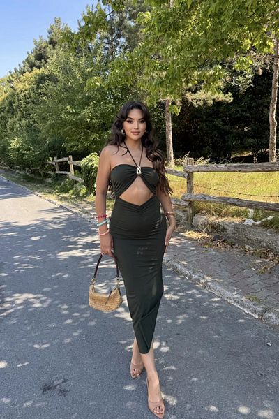 MOZENA Accessories Detailed Back Tie Low-Cut Slit Maxi Dress