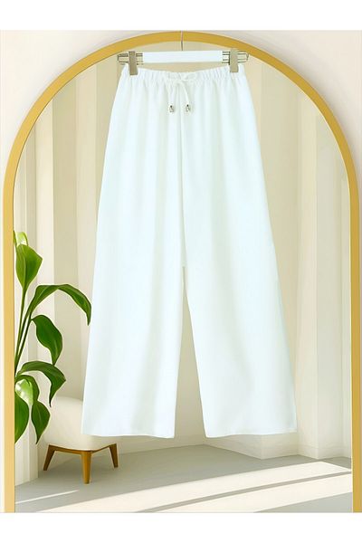 Modamorfo Elastic Waist Lace Detailed Wide Leg Sofia Linen Trousers - White