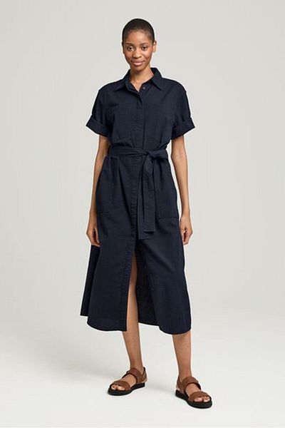 Tchibo Women Textured Short Sleeve Shirt Dress, Navy Blue