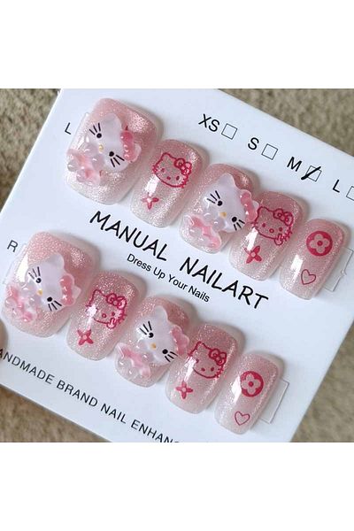 Miniso Style 1-S 10Pcs Girls Cute Hello Kitty Pochacco Handmade Press on Nails Cartoon French Short False N