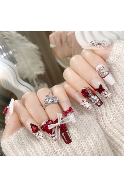 Choice style 2 24pcs New Year Heavy Metal Press on Nails Chinese Bride Wedding Fake Nails Full Cover Wearab