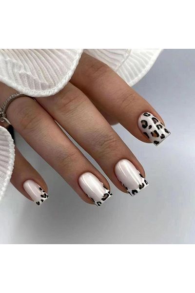 Choice W468 24pcs Short French False Nails Leopard Print Design Fake Nails Art Full Coverage Waterproof Rem