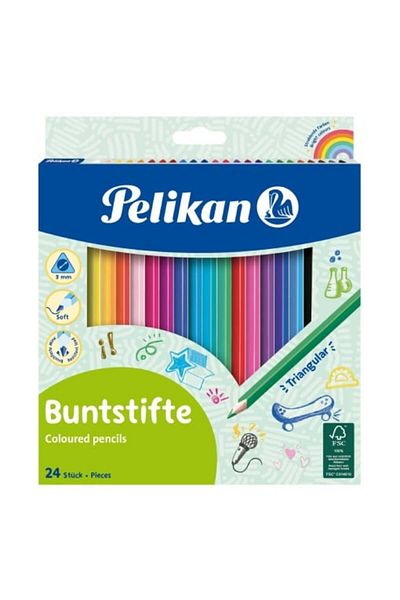 Pelikan Creioane colorate, set de 24, culori asortate, material lemn, secțiune triunghiulară
