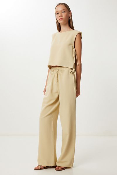Lovelyİstanbul Padded Linen Blouse Trousers Set Lrv0115 Beige