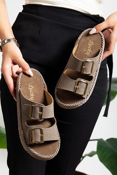 PLN SHOES Papuci anatomici cu talpă ortopedică înfășurată Papuci confortabili de zi cu cataramă dublă
