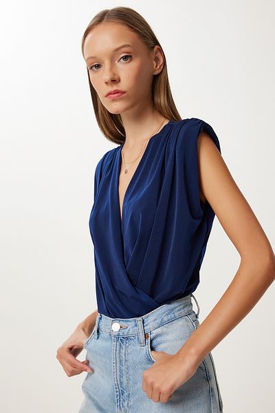 Lovelyİstanbul Wrap Collar Padded Snap Blouse Lzh0001 Dark Blue