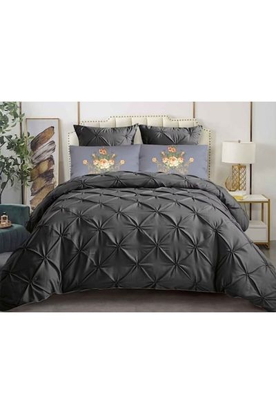 OEM Lenjerie de pat dublu, Primavara, Model Pliuri, Finet, 6 piese, 2 persoane, Uni, 180x200cm, Gri Inch