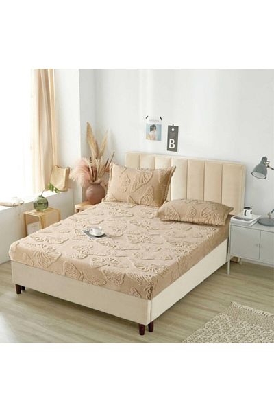 OEM Husa si 2 fete perna, Cocolino, Sherpa Throw, Embosat 3D Fluturi, 3 Piese, 180x200cm, Bej