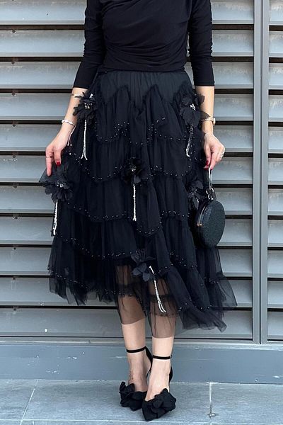 Mahal Floral Tulle Skirt with Pearl Detail