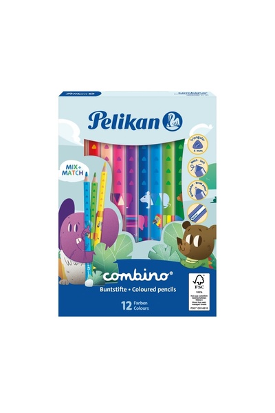Pelikan Creioane colorate Combino lăcuite, set de 12, culori asortate, material lemn, triunghiulare, groase