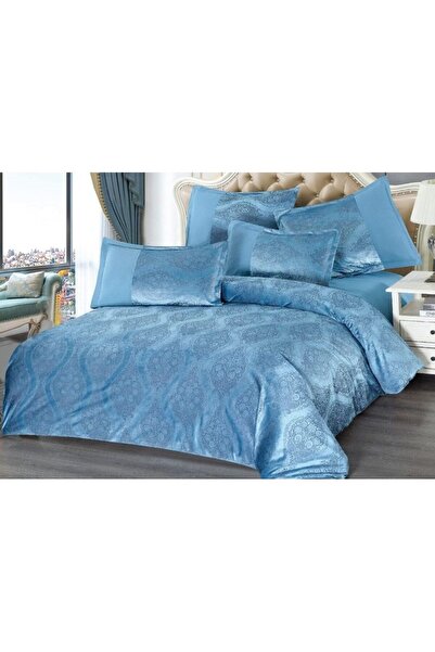 OEM Lenjerie de pat dublă, catifea, 6 piese, 2 persoane, uni, 230x250cm, albastră