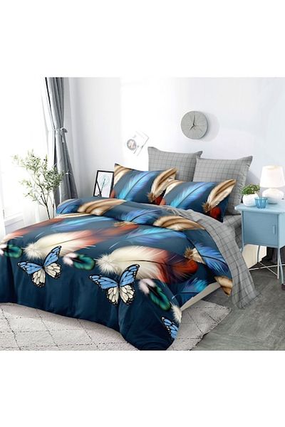 OEM Double Bed Linen Set, 6 pieces, 2 persons, Feather and Butterfly Print, 230x250cm, Finet, Multicolor