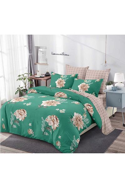 OEM Double bed linen set, elastic, beige floral print, 6 pieces, 2 persons, 180x200cm, Finet Satin green