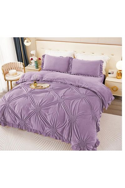 OEM Double Bed Linen, Uni, Embroidered Heart Pattern, 6 Pieces, Finet, 230x250cm Lila