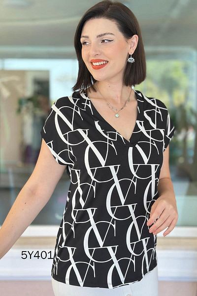 İnce Topuk V-Neck Printed Blouse 5Y401
