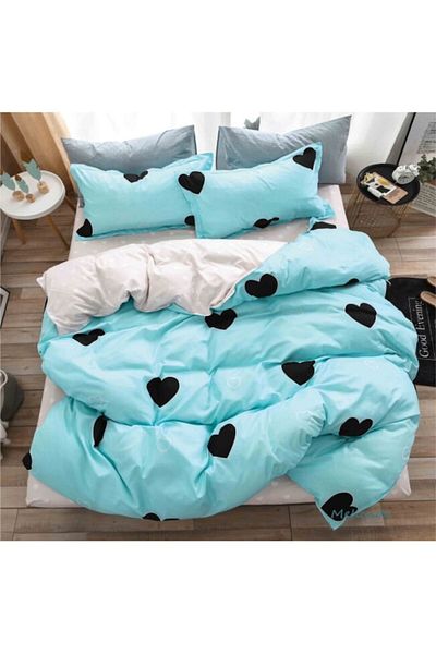 OEM Reversible Bedding Set, Elastic Sheet, Finet Hearts, Single, 4 Pieces, 140x200cm, Blue-Black