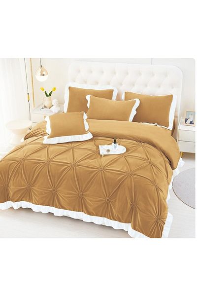 OEM Lenjerie de pat dublu, Uni, Model Inimi Brodate, 6 piese, Finet, 230x250cm maro M2