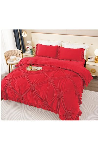 OEM Double Bed Sheet Set, Uni, Heart Embroidery Model, 6 Pieces, Finet, 230x250cm Red