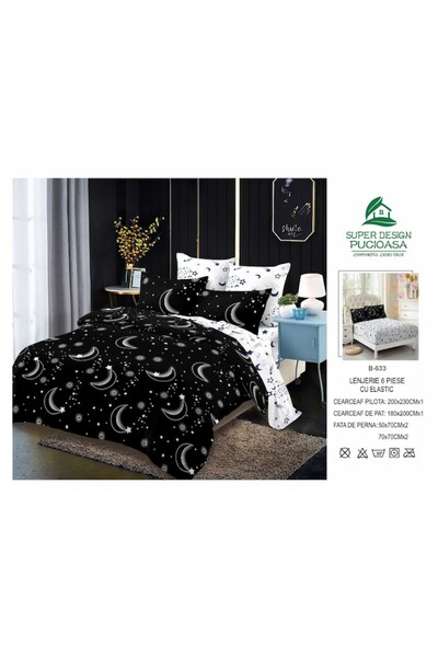 OEM Double Bed Linen Set, 6 Pieces, Moon Print, Finet Satin, White-Black