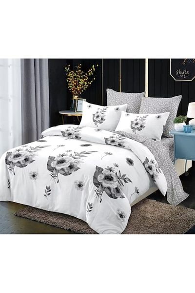 OEM Double Bed Linen Set, Spring, 6 Pieces, 2 Persons, 235x250cm, Finet, Roses Gray, White-Gray