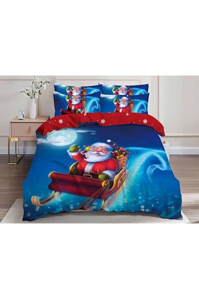 OEM Double Bedding Set, Christmas 3D Model, 6 Pieces, Bright Blue-Red